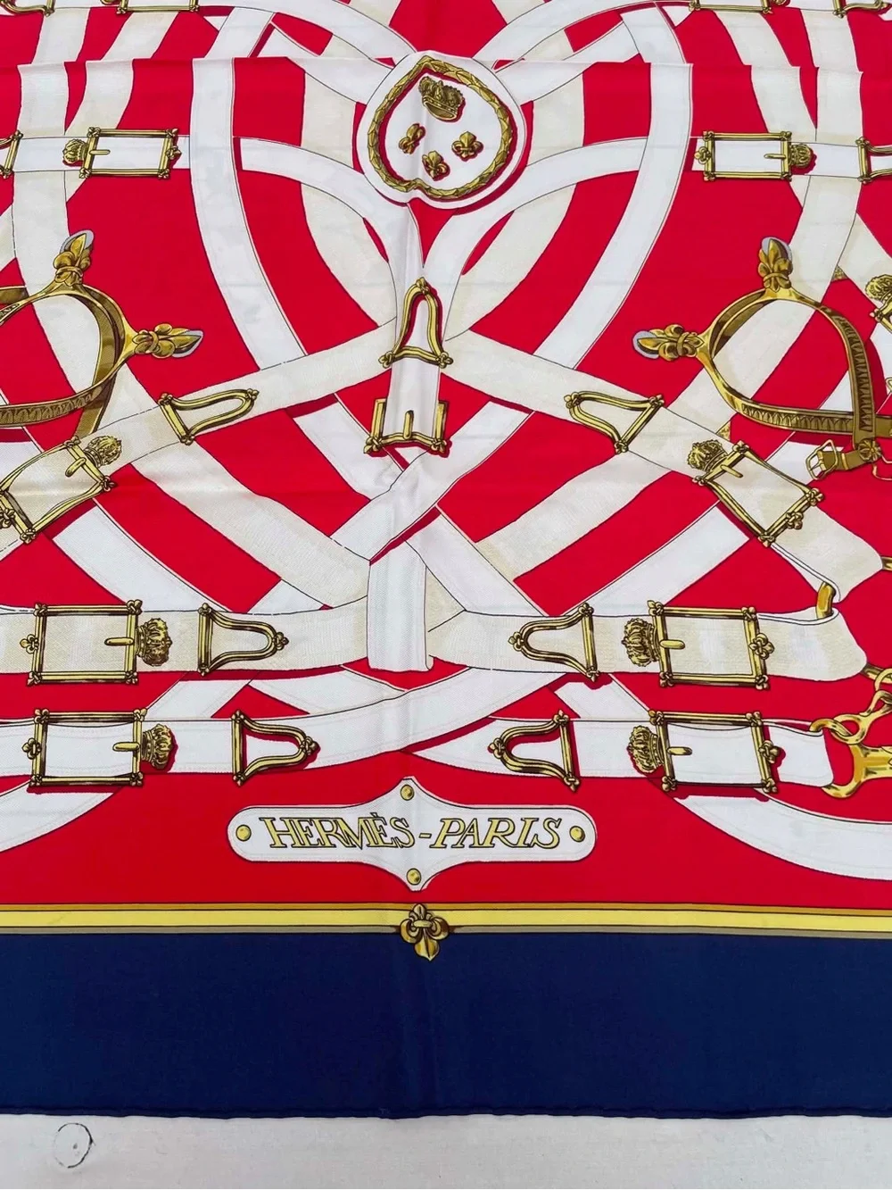 Hermes Red Navy Cream Silk Scarf with Equestrian Print - Picture 2 of 12